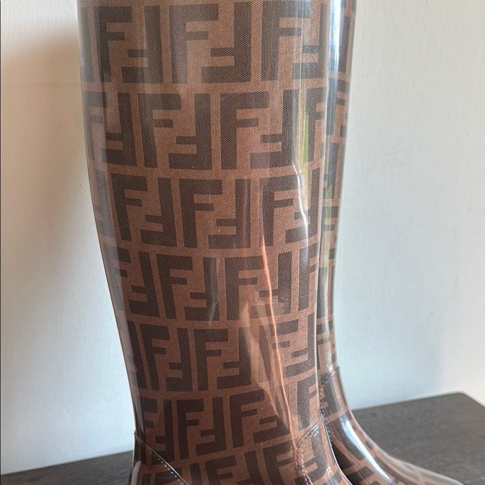 Fendi Tobacco Zucca FF Logo Rubber Wedge Rain Boots | EUC | Women’s Size 36 - Picture 3 of 13
